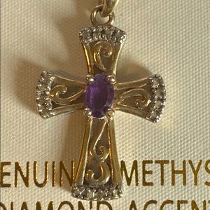 GENUINE 18 KT GOLD 925 STERLING SILVER AMETHYST CROSS NECKLACE WITH DIAMONDS NIB